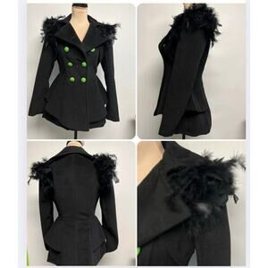 Vintage OOAK Feathered Double Breasted Flared Pea Coat Small Black Goth Edgy Y2K